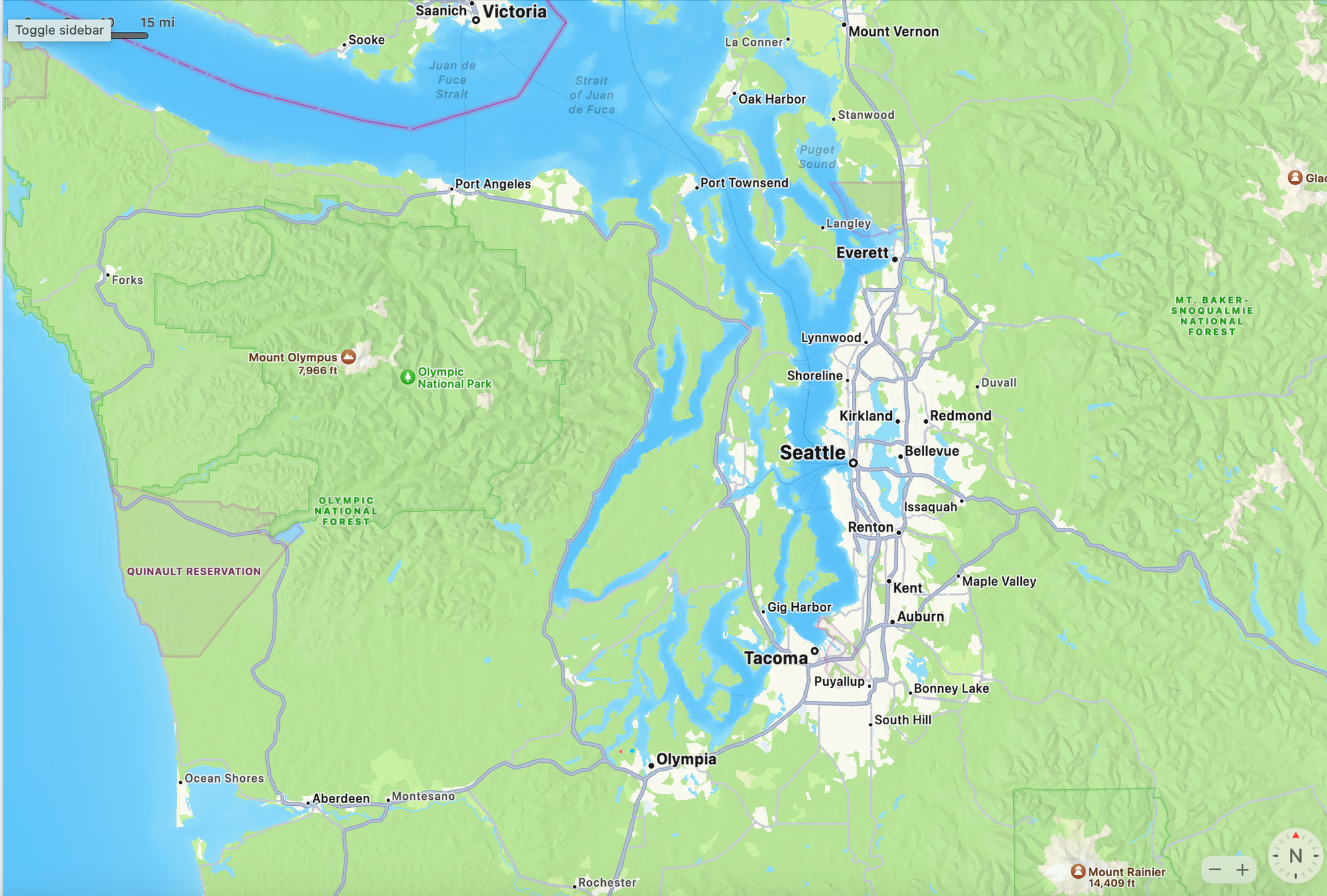 Map of the Olympic Peninsula and National Forests Near Olympia, Washington, showing the Puget Sound, Tacoma, Seattle, and Mount Rainier, Mount Olympus, Mount Baker, and Olympic National Forests.