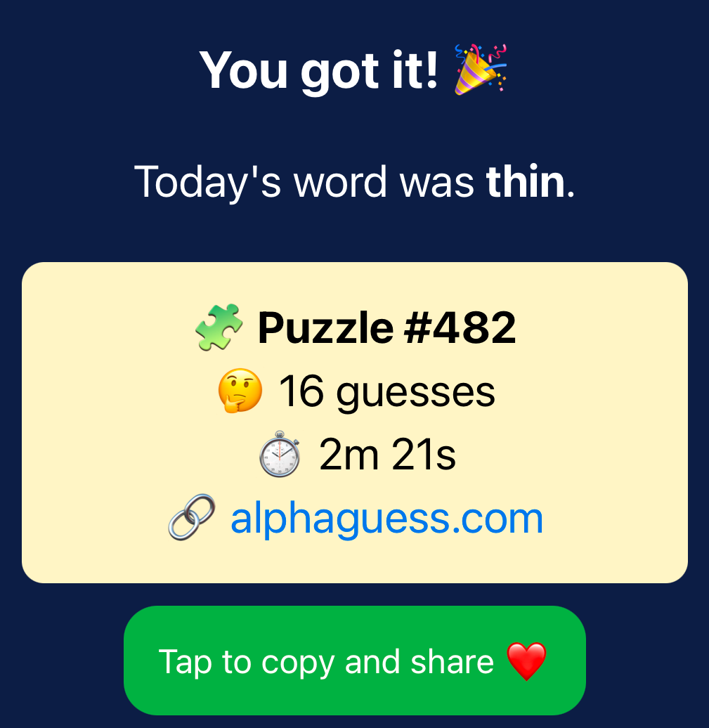 Game completion screen showing success on Puzzle #482 of Alphaguess. Word "thin" solved in 16 guesses and 2m 21s, with share button below.